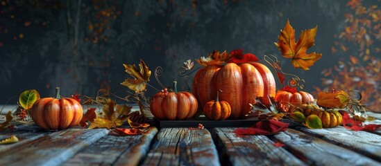 Poster - Festive fall table arrangement with autumn leaves pumpkin decoration and a rustic wooden table ideal for a copy space image