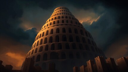 An illustration of the Babylons Tower of Babel story from the Bible with multilingual speech