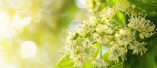 Poster - Close up of summer linden blossom with light green flowers against a copy space image