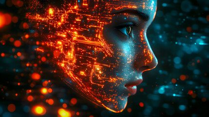 Poster - Glowing Cyborg Face against a vibrant futuristic digital landscape filled with abstract luminous elements symbolizing advanced intelligence and boundless creativity