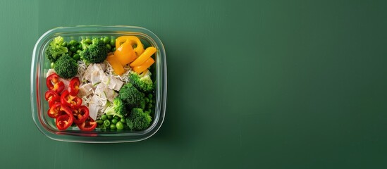 Wall Mural - Glass container filled with fresh broccoli colorful peppers chicken and rice on a green background seen from above ideal for adding text to the copy space image