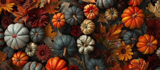 Poster - Top down view of a fall themed arrangement with pumpkins leaves and chrysanthemums ideal for copy space image