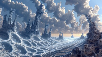 Poster - A stunning fractal landscape unfolds, featuring towering structures and intricate patterns under a dynamic sky filled with clouds