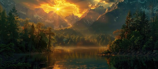 Poster - Forest covered mountains with a stunning sunset reflected in water creating a picturesque evening landscape perfect for a wallpaper with a copy space image