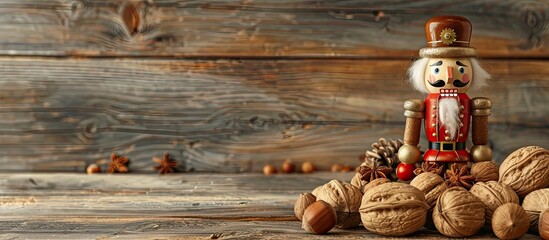 Sticker - Wooden background with walnuts nutcracker and copy space image