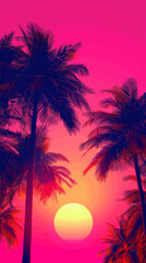 Wall Mural - A sunset over a tropical beach with palm trees