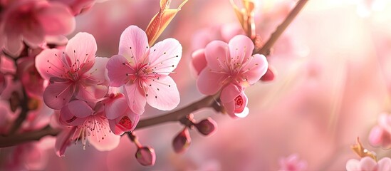 Sticker - Copy space image of a pink blossom covered peach tree branch focused