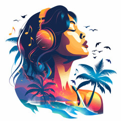 Wall Mural - A woman with headphones on her head is surrounded by palm trees