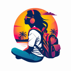 Wall Mural - A woman is sitting on the beach with a backpack on her back