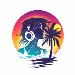 Wall Mural - A woman wearing headphones is sitting on a beach next to a palm tree