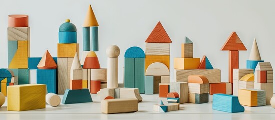 Colorful wooden blocks creating various structures and buildings in a geometric layout set against a white background with copy space image available