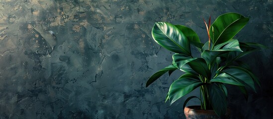 Wall Mural - Dark green citrus plant leaves in a pot against a gray wall provide a striking copy space image