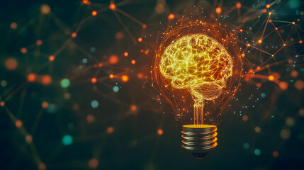 Poster - Glowing brain shaped light bulb representing innovation intellectual potential and creative solutions  Conceptual digital visualization of technological breakthrough scientific discovery