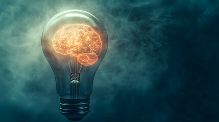 Poster - Glowing brain encased within a light bulb representing the spark of creativity innovative thinking and intellectual discovery