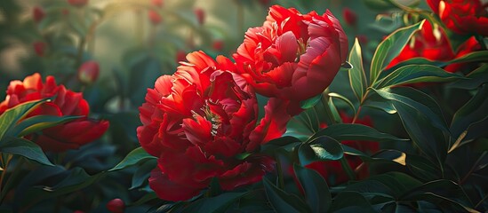 Gorgeous red Peony blossoms with vibrant color under natural sunlight Stunning copy space image of blooming flora