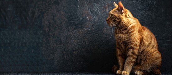 Wall Mural - An alert wild red cat with intense gaze sitting providing copy space image