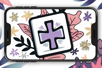 Sticker - Mobile Medical App with Cross Creative Concept Art Modern Illustration Health and Wellness Medical Technology