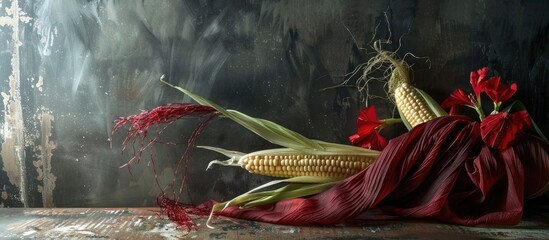 Sticker - Baby corn in husk with red silk on gray table a captivating copy space image