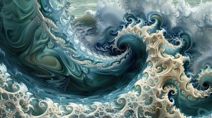 Poster - A vibrant fractal wave showcases intricately curling forms, representing the fluid energy and movement of ocean waves