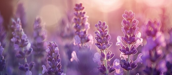 Canvas Print - Close up of a row of lavender purple flowers in a summer field creating a banner with space for inclusion of an image. Copy space image. Place for adding text and design