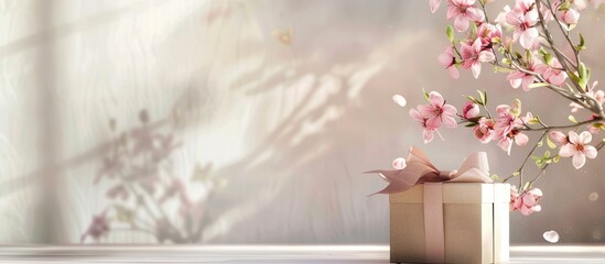 Poster - Spring flowers decoration and a beautifully wrapped gift box displayed on a light background with copy space image