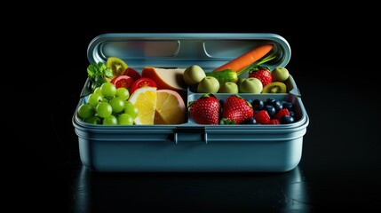 open school lunch box with healthy food, isolated on black background