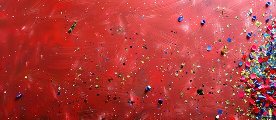 Sticker - Top down view of vibrant confetti over a red backdrop with copy space image