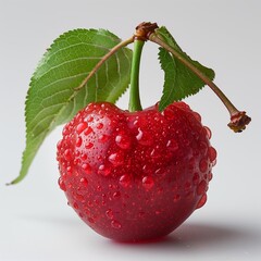 Poster - freshly harvested red cherry glistening with water droplets displayed on a light gray background