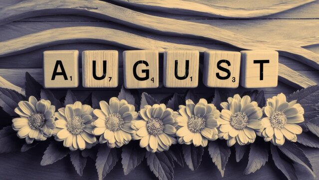 A picture of a bunch of flowers and the word august, AI