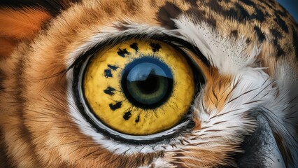 Poster - A close up of an owl's eye with yellow iris, AI