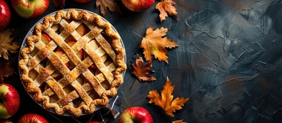 Top view of a homemade autumn apple pie a traditional dessert for Thanksgiving with copy space image