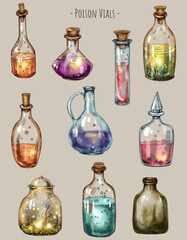 Vintage Mystical Poison Vials, Witchcraft Magic Illustration