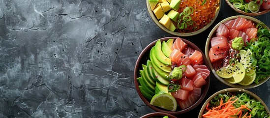 Poster - Delicious poke bowls displayed on a textured gray background with copy space image