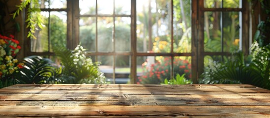 Canvas Print - The wooden table is vacant with a blurred view of a garden through a home window in the backdrop offering a copy space image for displaying products