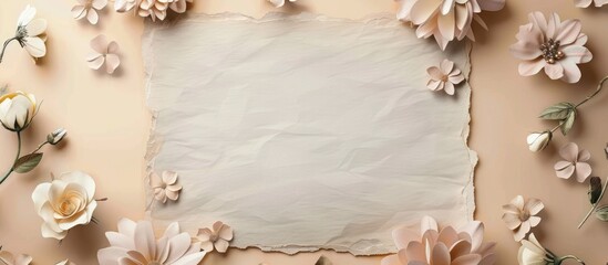 Sticker - Top view of a beige background adorned with a floral frame surrounding a blank sheet of paper perfect for adding text Copy space image