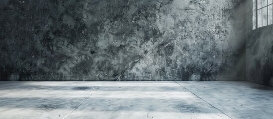 Sticker - Studio room with gray wall and white floor featuring a concrete backdrop and table for product display on a textured realistic background with copy space image