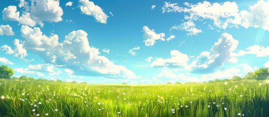 Poster - Sunny summer day with blue sky white fluffy clouds and an empty background for a copy space image