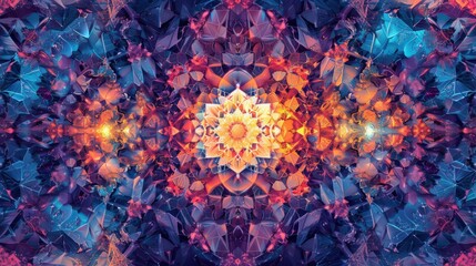 Poster - A mesmerizing kaleidoscopic pattern features symmetrical shapes blending vibrant colors, creating an intricate design that captivates the viewer