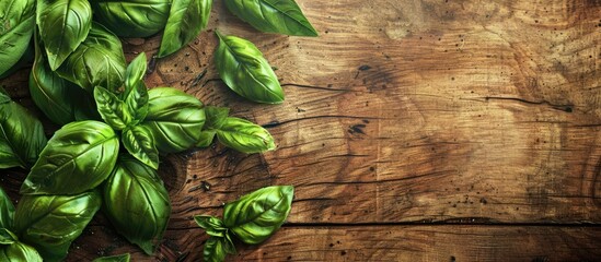 Wall Mural - Text space available on a textured wooden background with fresh green organic basil leaves perfect for kitchen use and vegan salads. Copy space image. Place for adding text and design