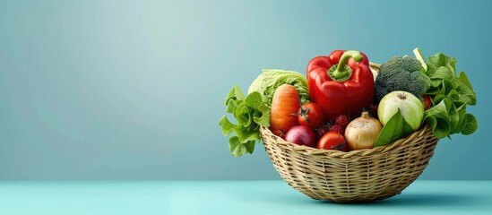 Sticker - Close up of a wicker bowl containing a variety of fresh vegetables and cereals set against a blue backdrop with copy space image