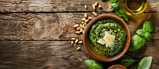 Poster - Italian basil pesto sauce with fresh basil pine nuts Parmesan cheese and olive oil displayed on a textured wooden backdrop leaving room for text with a copy space image