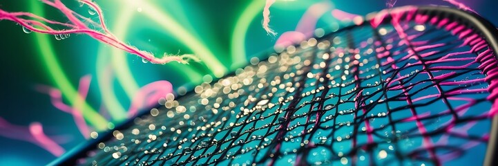 macro shot of black net tennis racket neon blur background