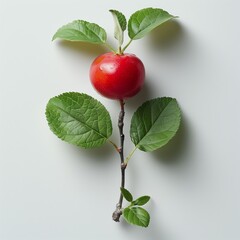 Poster - freshly picked red apple with green leaves resting on a soft white surface