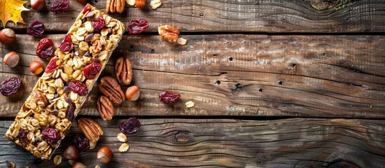 Wall Mural - Close up shot of delicious homemade granola bars adorned with nuts and dried fruits on a wooden surface Perfect banner design with ample copy space image