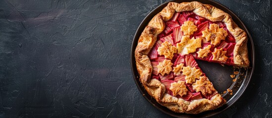 Sticker - A rhubarb custard galette is displayed from above with a piece placed beside it on a table presenting a beautiful copy space image