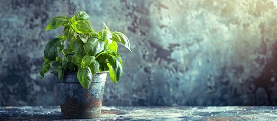 Canvas Print - Basil plant with fresh organic leaves in a pot on a textured background representing vegan home gardening with plenty of copy space image for basil related content