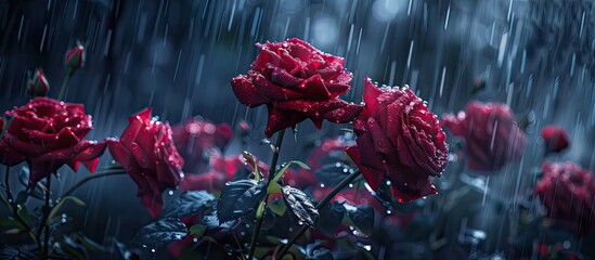 A bouquet of red roses in a garden showered by rain captured in a dramatic copy space image embodying the concept of love with a gothic feel enhancing the natural beauty and fragrance of the scene