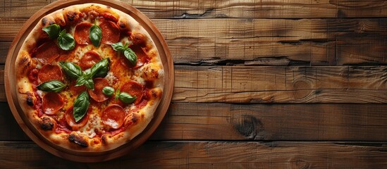 Poster - A rustic homemade pizza displayed from a top perspective on a wooden board with copy space image available