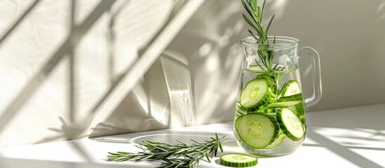 Sticker - A jug of cucumber water with rosemary stands beside fresh vegetables on a white table offering a perfect copy space image