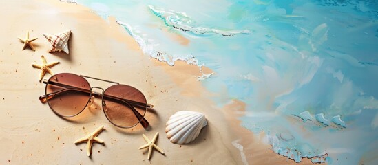 Wall Mural - Summer themed sunglasses placed on a table with a seashell and a fitting beach background Top view with space for text in the image. Copy space image. Place for adding text and design